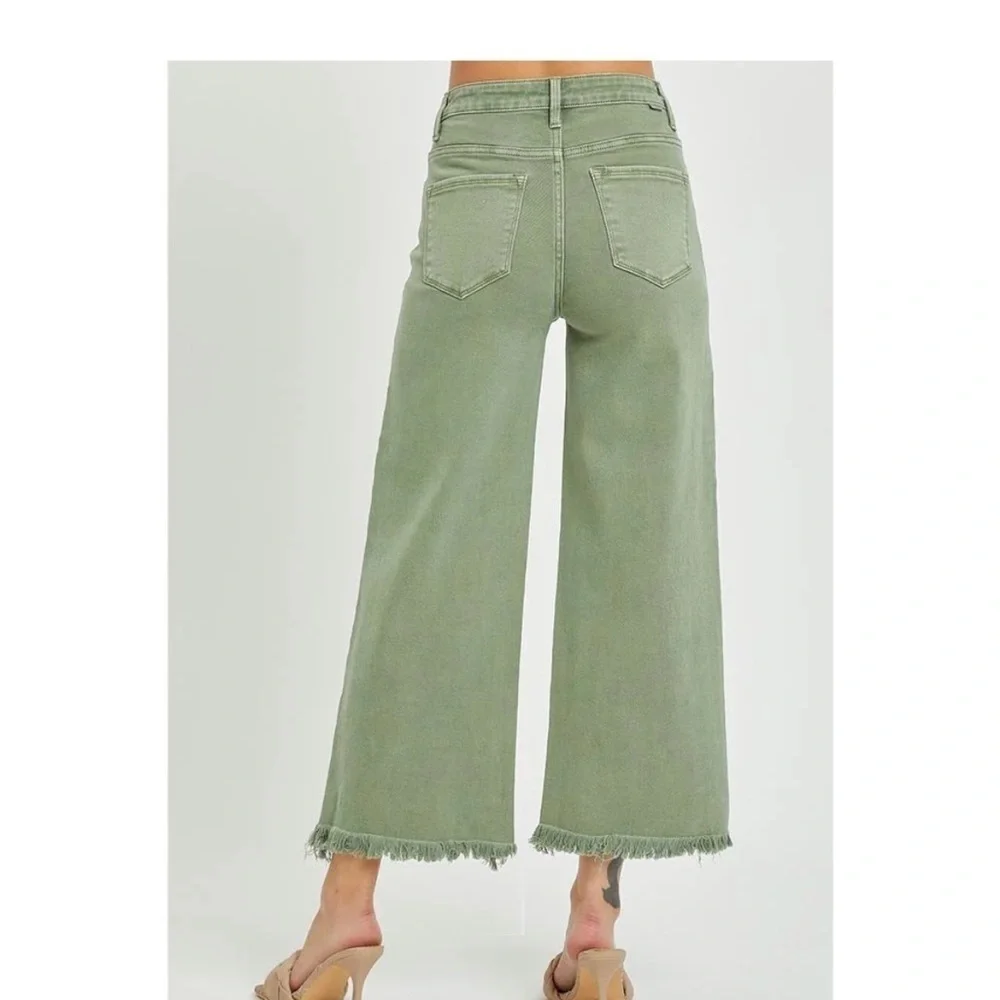 Risen Wide Leg Cropped Jeans Tummy Control in Olive Size 1XL